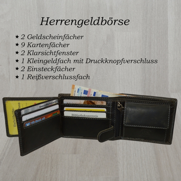 Herren Geldbörse Schwarz mit RFID Adler Motiv Voll Leder Doppelnaht Stabil robust modern